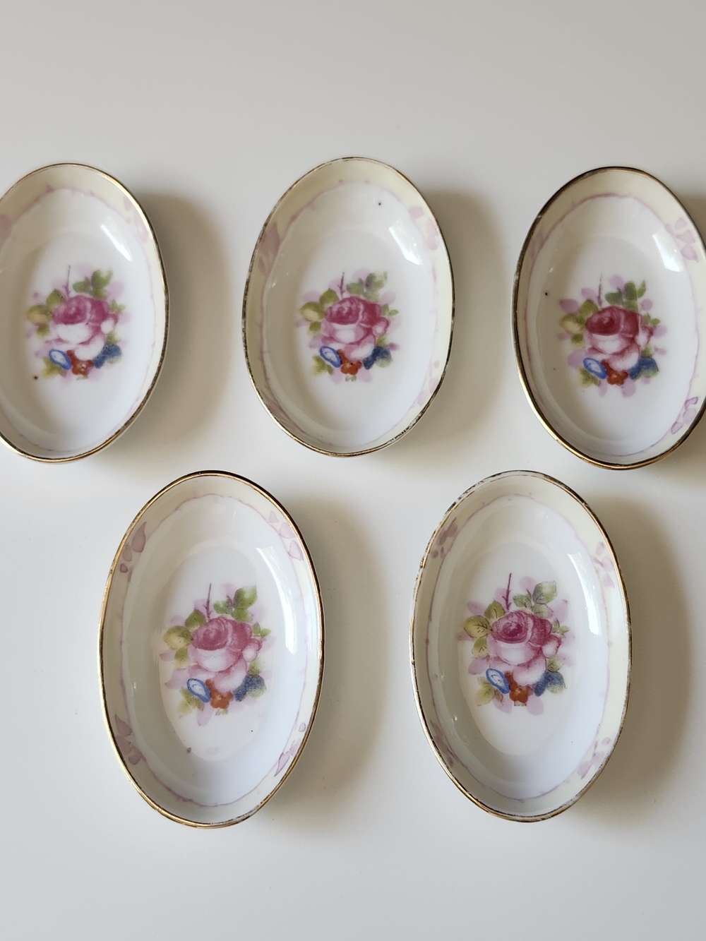 Set of 5 Antique 1921-1940 Noritake Porcelain Oval Salts Rose Real Gold Trim
